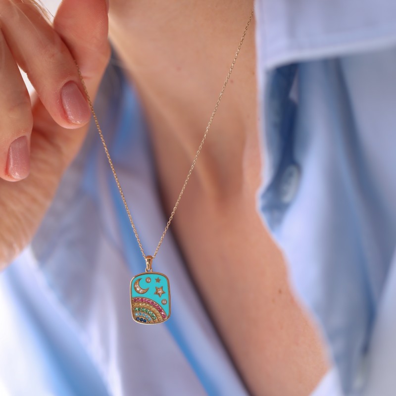 Luna Rainbow Turkuaz Altın Kolye